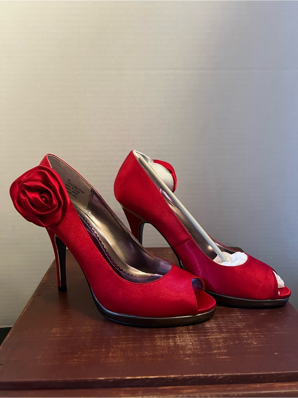 Red Satin Peep-Toe Heels with Decorative Rose